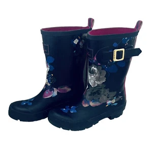 Joules Navy Blue Pink Floral Rubber Molly Welly Mid Rain Boots Women’s 6 - Picture 1 of 8