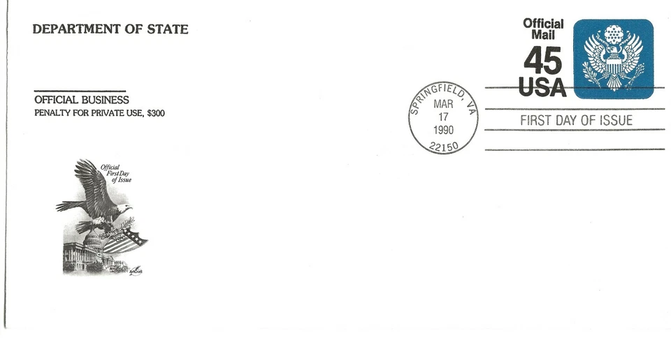 US Scott #UO79, First Day Cover 3/17/90 Springfield Single Official - Image 1 of 1