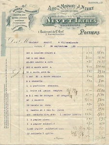 POITIERS . FACTURE DE 1923 . NIVET FRERES .EPICERIE DROQUERIE DENREES COLONIALES - Picture 1 of 3