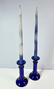 Cobalt Blue Glass Candlesticks 15cm Handmade with 30cm Blue Tapered Candles - Picture 1 of 19