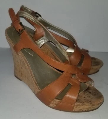 GUESS brown leather slingback strappy cork wedge platform heels. 8 - Image 1 of 4