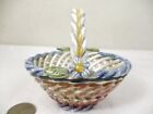 Vintage Ceramic Pottery Mini Woven Basket Flower Blue Red Signed Spain 3.5" Trin