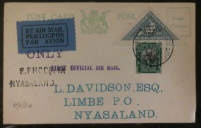 1934 Suroeste África Primer Vuelo Postal Cubierta FFC a Limbe Nyasalandia Foto 1 de 2