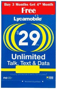 Lycamobile Preloaded  $29 Plan  3 + 1 Bonus month Free 6GB first Month 9GB after