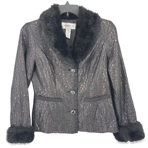 Victor Costa Metallic Geometric Faux Fur Neck Jewel Button Jacket Womens Size 10 - Picture 1 of 5