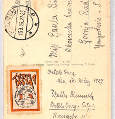 GERMANY Postcard *TERRA ASIA* GLOBE Stamp/Label 1929 Church PPC Ortlesburg YG297 - Image 1 of 4