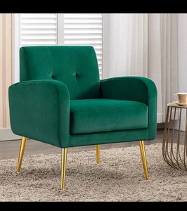 Green Velvet Armchair Accent Chair Gold Legs Lounge Sofa Reading Seat Bedroom - Picture 1 of 5