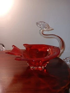Vintage Glas klar/rot Schwan Vogel Süßigkeiten/Schmuck Schale - Bild 1 von 12