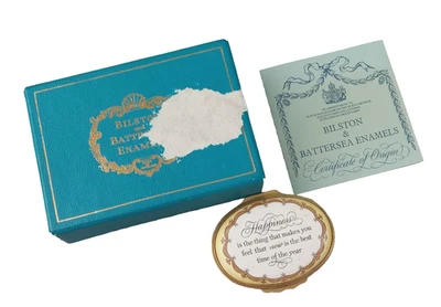Vintage BILSTON & BATTERSEA ENAMELS Happiness Gilt Porcelain Hinged Trinket Box - Image 1 of 4