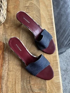 BURBERRY Denim Checked Open Toe Slip-on Kitten Heel Mules Sandals Size 9 - Picture 1 of 5