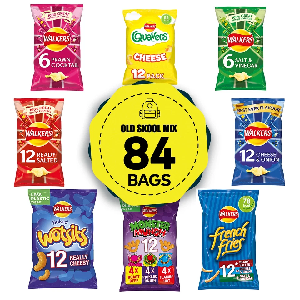 Walkers Crisps Salt Vinegar Quavers Cheese Prawn Cocktail Bundle 84 Bags Short - Image 1 of 4