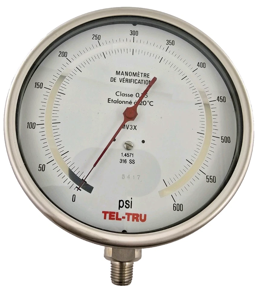 Tel-Tru MV3X Pressure Gauge  0-600 PSI Industrial Grade Stainless Steel Case - Image 1 of 4