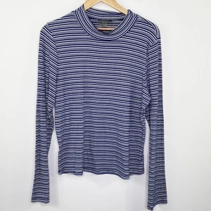 Eddie Bauer Women's Shirt Blue Striped Long Sleeve Mock Neck Ribbed Stretch 2XL - Picture 1 of 7