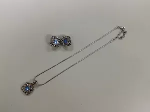 Premier USA Pendant and Earrings Clip Square Blue Stone Silver Gold Accents - Picture 1 of 7
