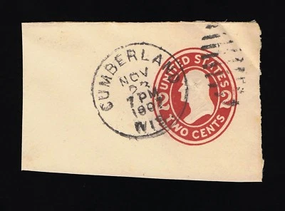 GENUINE SCOTT #U412 LARGE CUT SQUARE 2¢ CARMINE ON AMBER DIE-1 CUMBERLAND, WISC. - Image 1 of 2