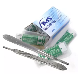 100 Pcs Sterile Surgical Carbon Steel Blades + Stainless Steel Scalpel Handle - Picture 1 of 34