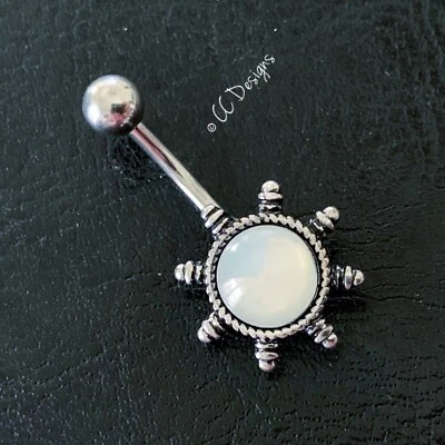 14g Cat Eye White Clear Stone Burnished Sun Navel Belly Button Ring (B313) - Image 1 of 3