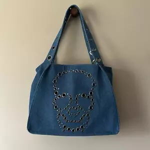 EUC BETSY JOHNSON LARGE DENIM SKULL TOTE BAG WITH GUNMETAL GROMMETS - Picture 1 of 12
