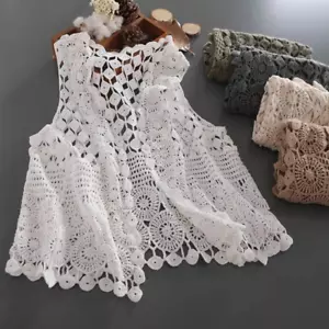 Women Lace Hollow Crochet Cardigan Open Front Vest Cotton Knit Gilet Tank Tops - Picture 1 of 17