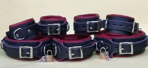 GENUINE LEATHER 7 PIECES HEAVY DUTY PADDED BONDAGE RESTRAINT SET FREE 7 PADLOCKS - Picture 1 of 2