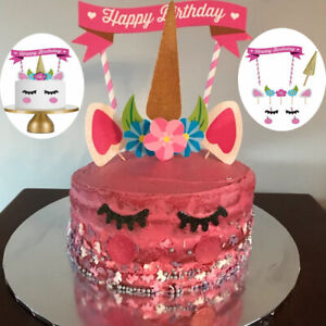 Glitter Unicorn Horn Happy Birthday Cake Topper Banner Decoration Kids Party DIY