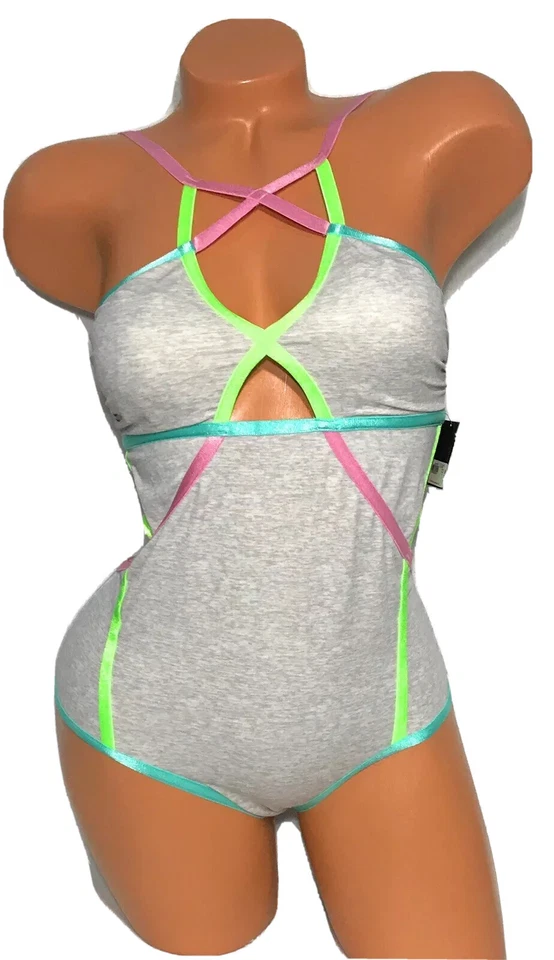 Victoria Secret One Piece Swimsuit Gray Multicolored Neon Trim Cutouts Size S - Image 1 of 3