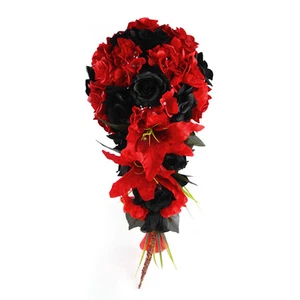 Cascade Bouquet- Black and Red Artificial Wedding Flowers Rose, Hydrangea, Lily - Picture 1 of 1