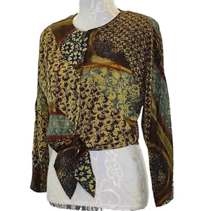 Camicia vita vintage Carole Little 100% rayon floreale cravatta made in USA taglia 4 - Foto 1 di 13