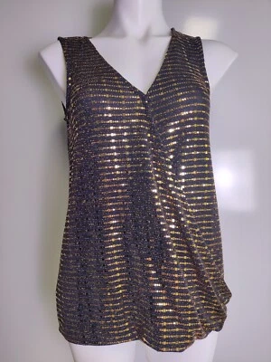 Blusa para mujer Carmen Marc Valvo envolvente pequeña sin mangas metálica glamurosa  Foto 1 de 4