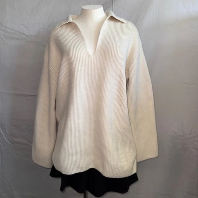 H&M Ivory Knit Collar V-Neck Pullover Sweater Womens L Oversized Cozy Preppy - Image 1 of 4
