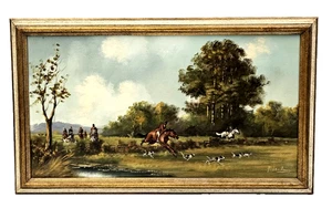 Signiertes realistisches Reiter Fuchs Jagd Landschaft feines Ölgemälde, Leinwand 13”x24” - Bild 1 von 13