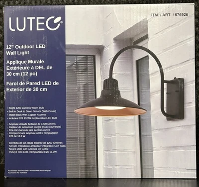LUTEC 12" Wall Light 1200 Lumens Dusk To dawn Sensor Matte Black LED 3000K - Image 1 of 4