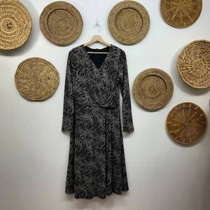 Talbots Black Brown Blue V-Neck Cinched Long Sleeve Midi Below Knee Dress Large - Picture 1 of 7