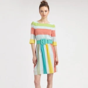 ALICE + OLIVIA Kleid Anita Seide Pastell Streifen Retro Blouson Knopfleiste hinten Medium - Bild 1 von 16