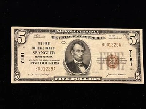 1929 $5 THE FIRST NATIONAL BANK OF SPANGLER PA NATIONAL CURRENCY # 7181 - Picture 1 of 8