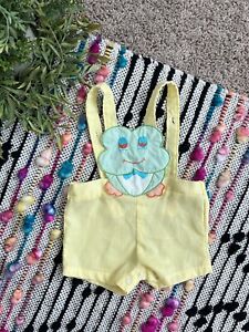 Vintage 70s Yellow Green Baby Frog Embroidery Overall Romper 0-3 Mo See Details