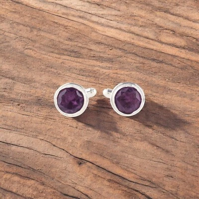 Abotoaduras masculinas vintage de prata esterlina 925 com pedra preciosa de ametista 0,50 pol. - Imagem 1 de 3