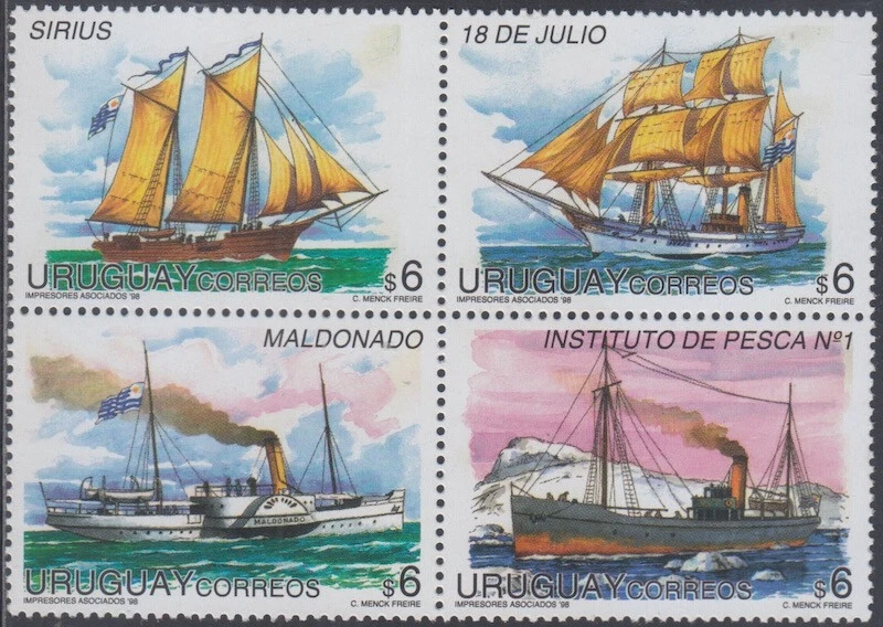 URUGUAY Sc #1727a-d CPL MNH BLOCK of 4 DIFF  - SAILING SHIPS - Image 1 of 1