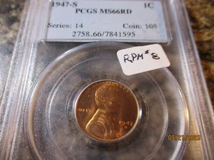 1947-S LINCOLN CENT RPM #8 NOT LISTED ON SLAB PCGS MS 66 RD 1595 - Picture 1 of 3