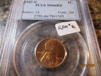 1947-S LINCOLN CENT RPM #8 NOT LISTED ON SLAB PCGS MS 66 RD   1595 - Image 1 of 3