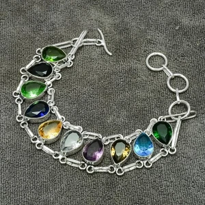 Multi Stone Gemstone 925 Sterling Silver Handmade Jewelry Bracelet 7-8" - Picture 1 of 8