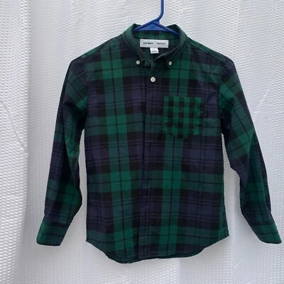 OLD NAVY Shirt Boys Sz 8 button up blue green collared plaid chest pocket - Image 1 of 3