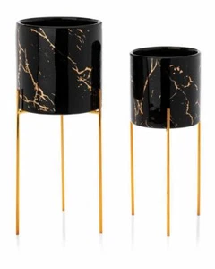 HowHomely Pflanzentopf Blumentopf mit Ständer Übertopf Marmor-Optik schwarz gold - Bild 1 von 8
