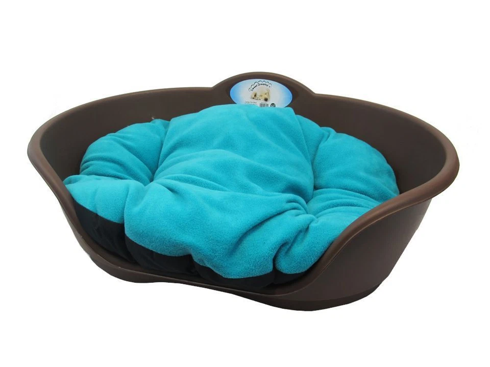 heavy duty brown pet bed with teal green cushion uk made dog or cat basket - Image 1 of 1