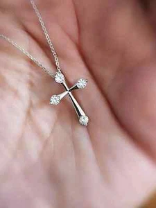 0.20Ct Round Cut Diamond Cross Pendant Necklace 14K White Gold Finish Free Chain - Picture 1 of 1