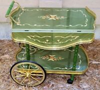 vtg Green Wood Inlay & Brass Wine Tea Dropleaf Rolling Serving Cart