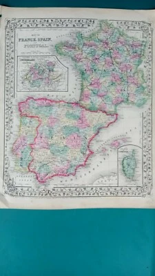 1867 Map of France, Spain and Portugal w maps of Switzerland & Corsica Antique - Image 1 of 4