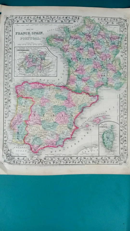 Mapa de Francia, España y Portugal 1867 con mapas de Suiza y Córcega Antiguo Foto 1 de 4