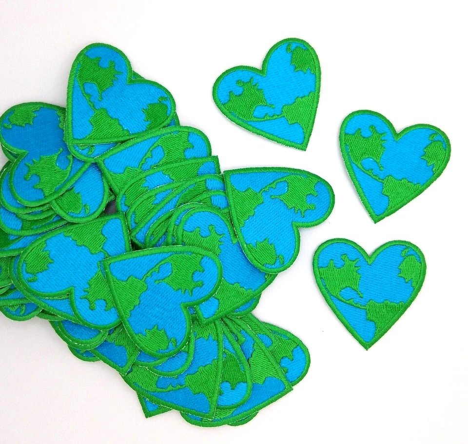 Blue Green Earth Heart Embroidered Iron on Patch/Applique/Crafts/2" x 2" - Image 1 of 1