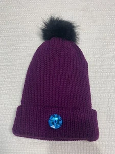 Plum Hand Knit Women’s Winter Hat Cap Blue Sparkle Button Black Pom Pom New! - Picture 1 of 13